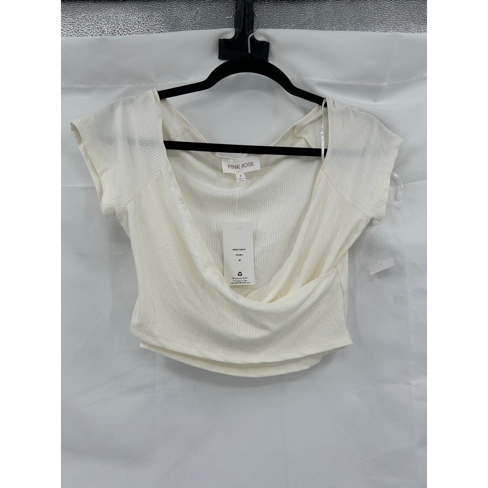 PINK ROSE‎ Women's Ivory M Ribbed Cowl Neck Cropped Cap Sleeve Stretch Top